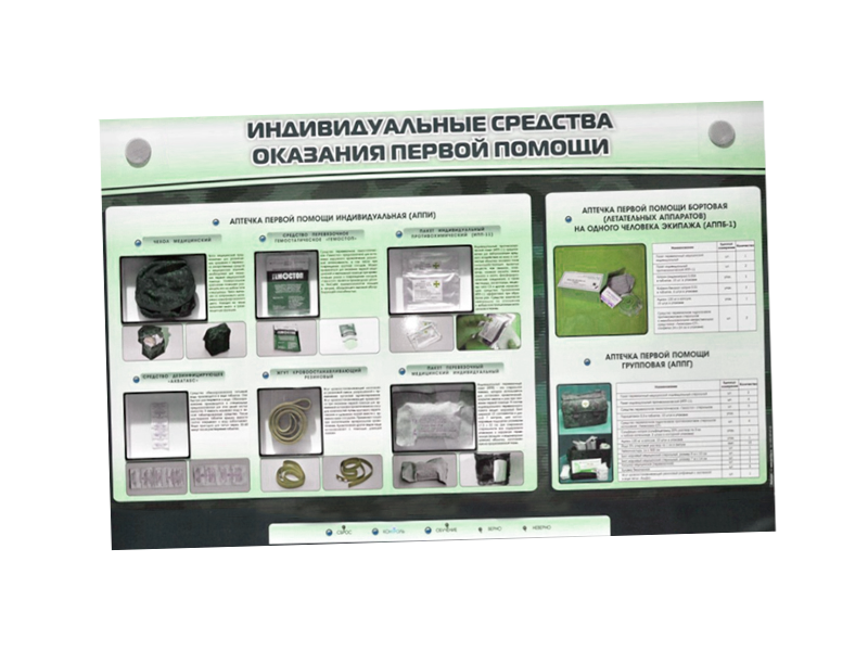Интерактивный учебно-демонстрационный стенд "Индивидуальные средства оказания первой помощи пострадавшим" с натурными образцами